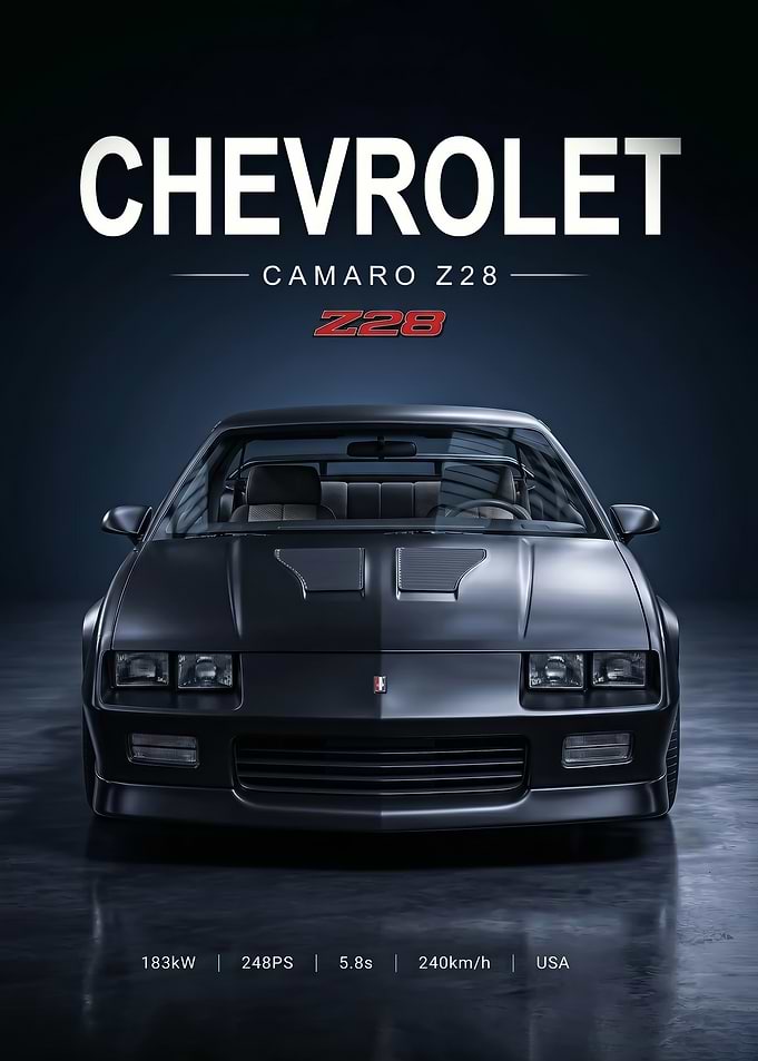 sleek black Chevrolet Camaro Z28 car poster