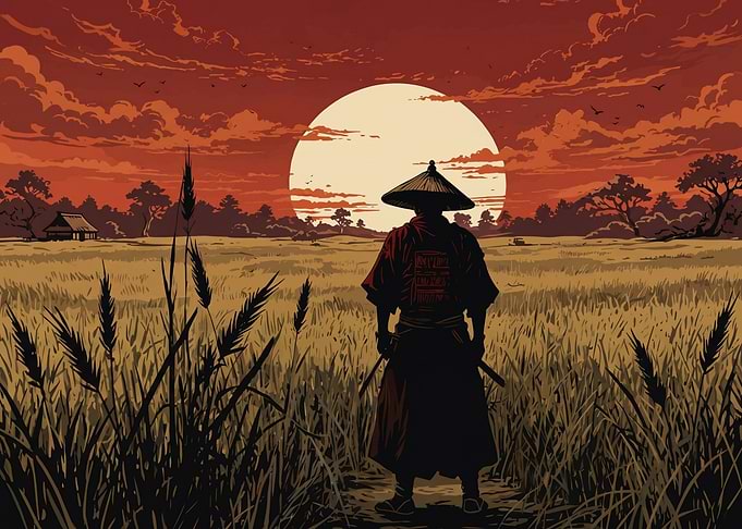 Samurai in a Field at Sunset