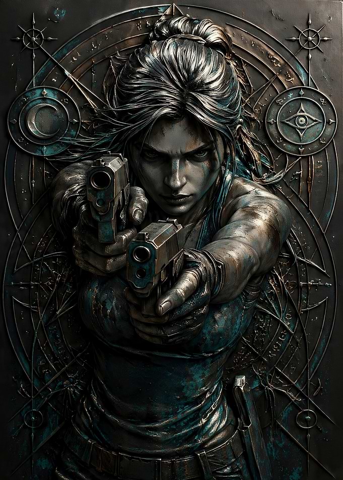Woman aiming dual pistols