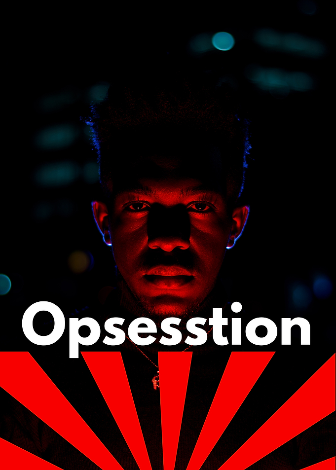 Man with red lighting and text