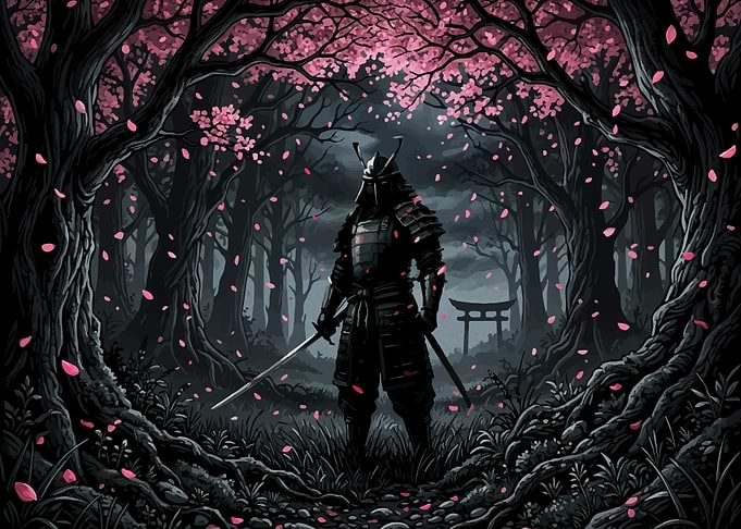 Samurai in Cherry Blossom Forest