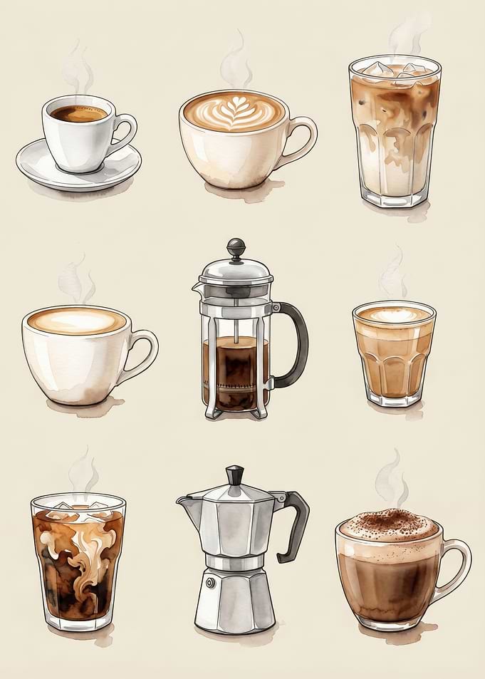Watercolor Coffee Drinks Collection Espresso French Press Moka Pot Barista Menu Kitchen