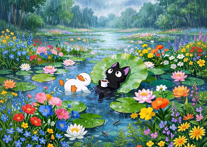 Cat and Duck in a Rainy Garden