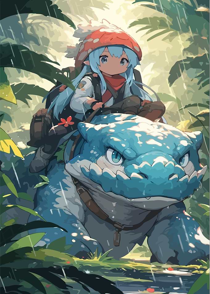Anime Girl Riding a Blue Dragon in Rain