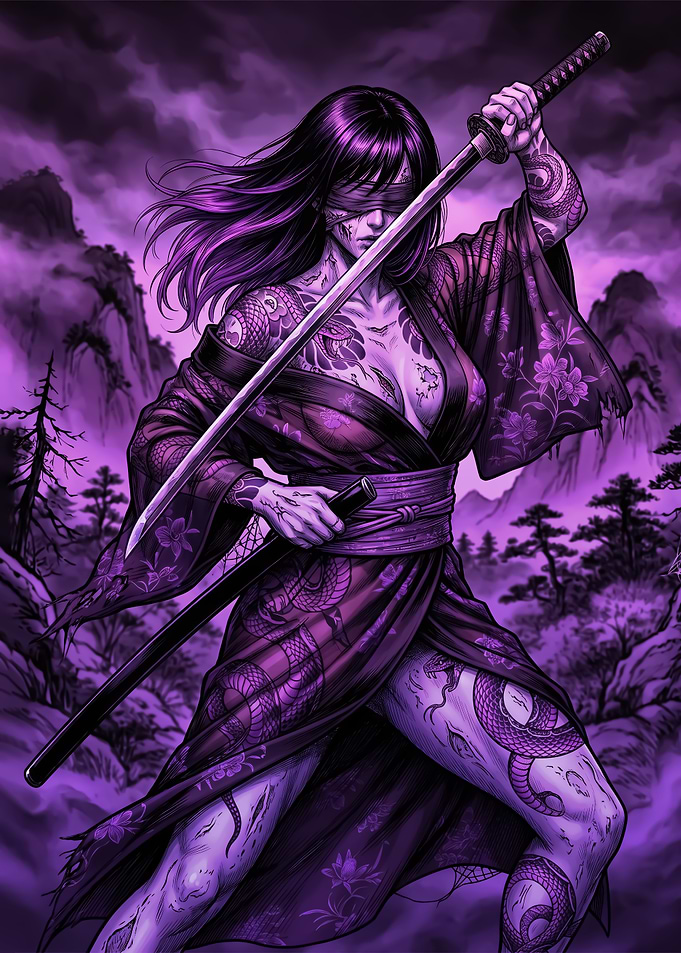 Blindfolded Samurai Woman with Katana