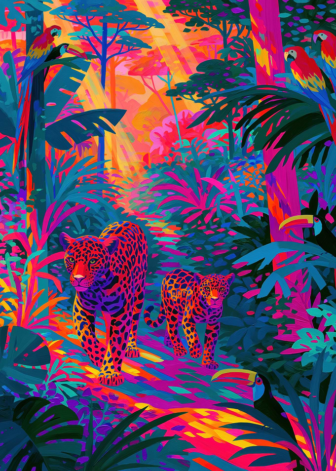 Vibrant Jungle with Jaguars and Parrots