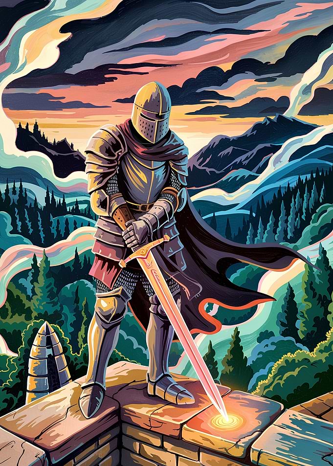 Knight with glowing sword in a fantasy landscape