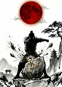 Warrior Smashes Rock Under Red Moon
