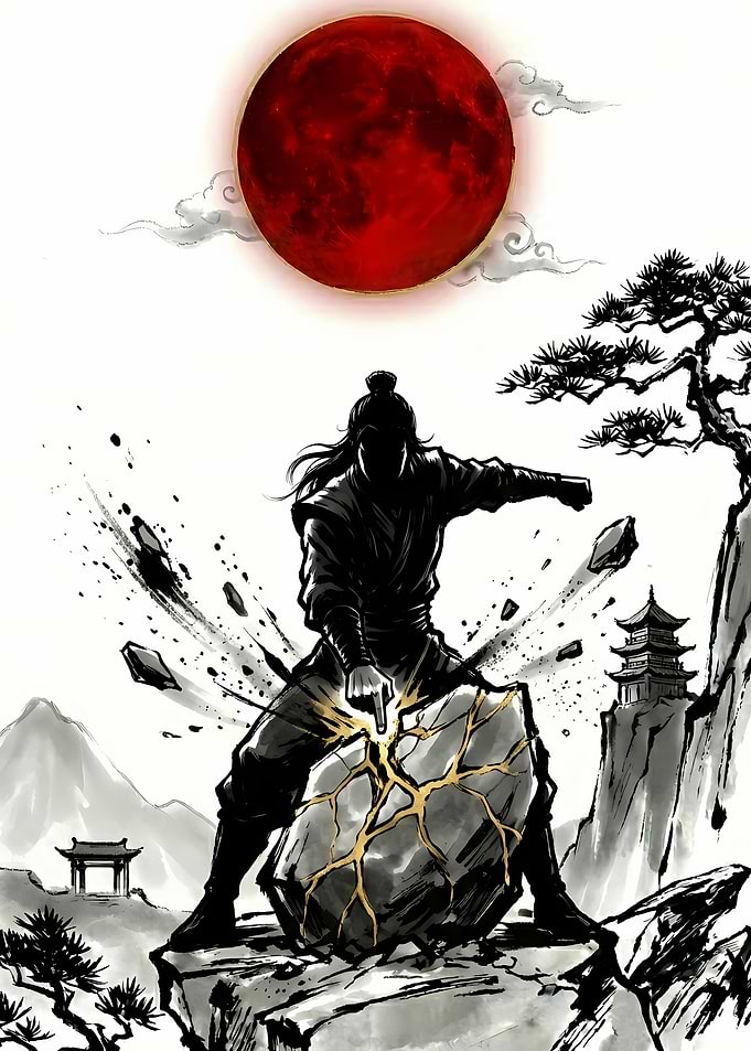 Warrior Smashes Rock Under Red Moon