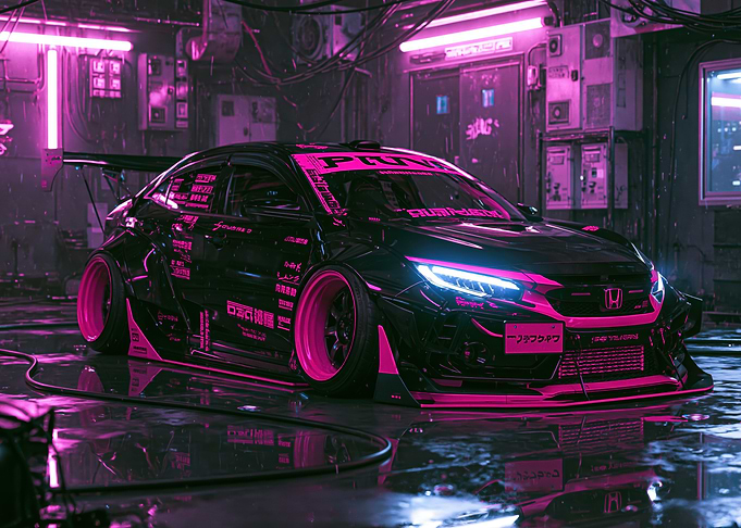 Cyberpunk Modified Car with Pink Neon