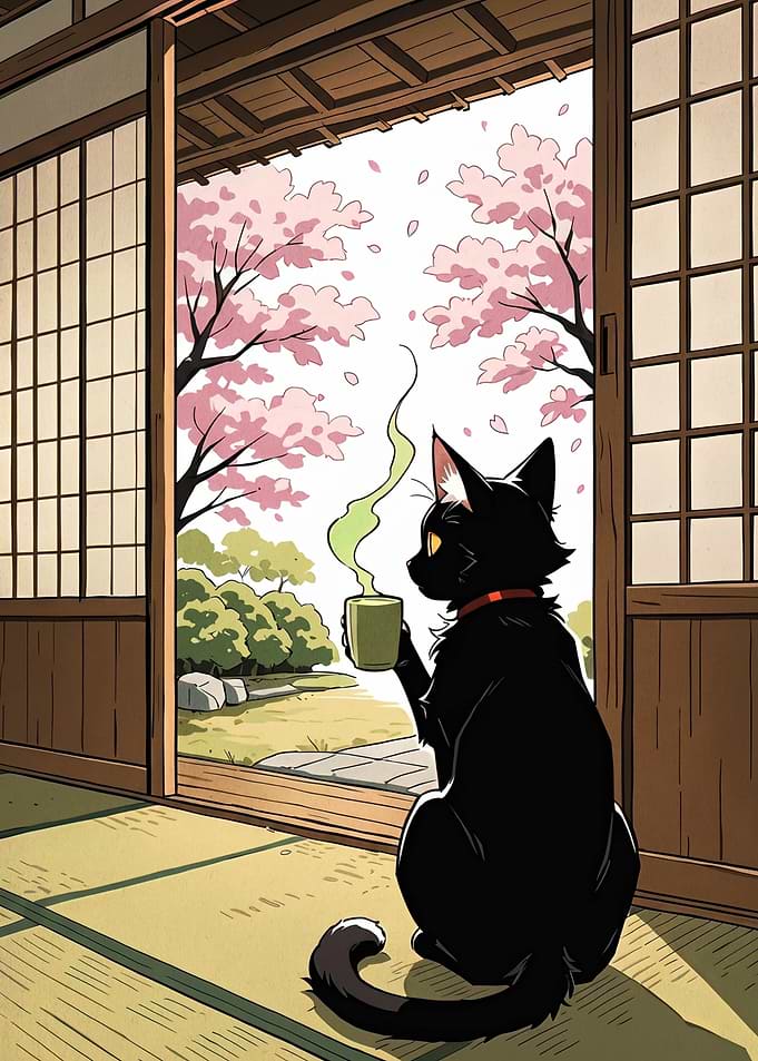 Black Cat Enjoying Tea Under Cherry Blossoms