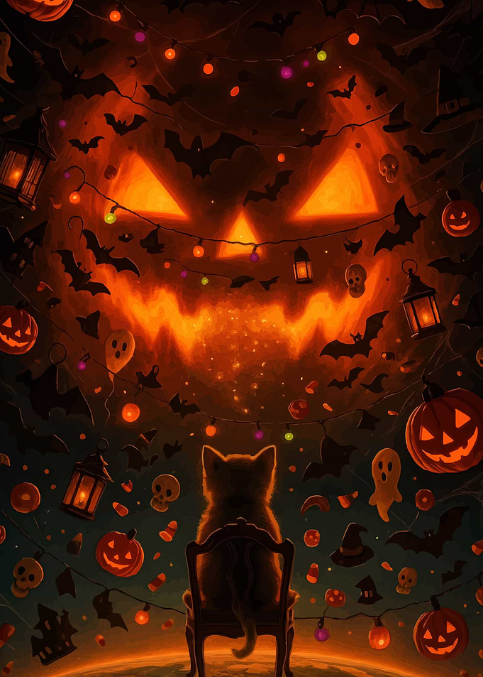 Halloween Cat in Pumpkin Scene
