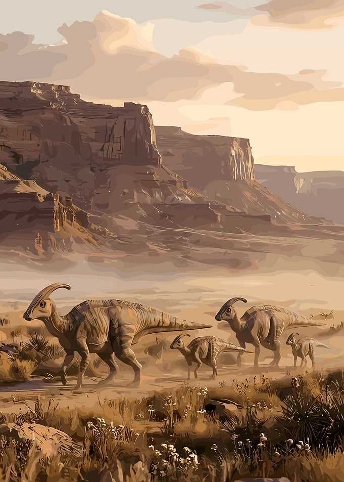 Parasaurolophus herd in a desert canyon