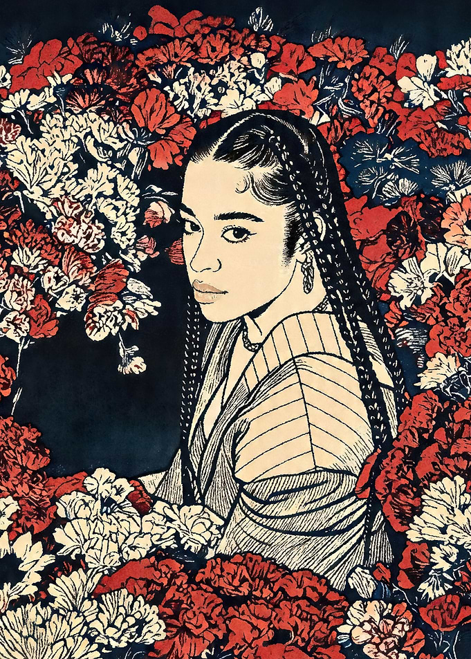 Woman surrounded by flowers
