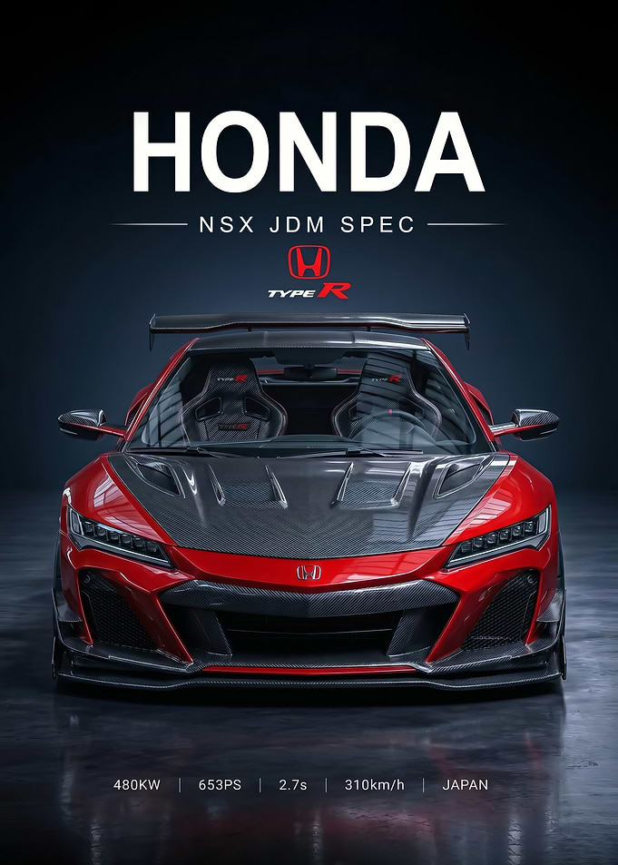 sleek red Honda NSX Type R JDM Spec car poster