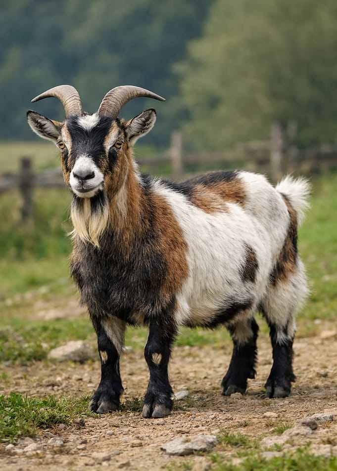 A standing goat with brown, black, and white fur
