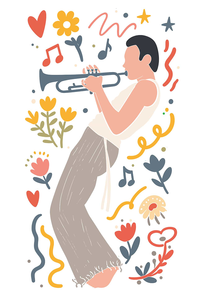 Musician Playing Trumpet with Floral Accents
