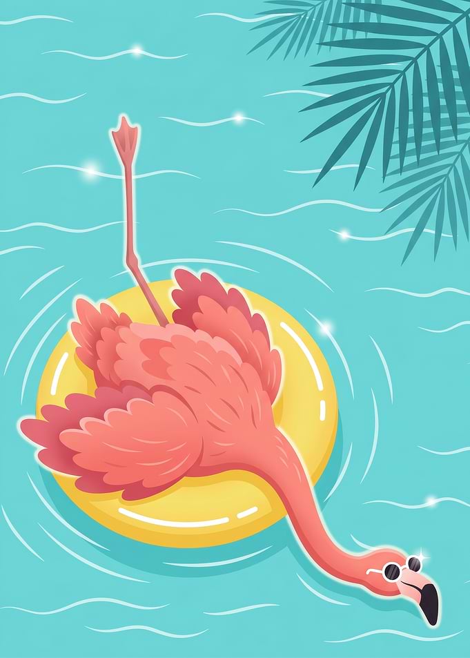 Flamingo Floating on Yellow Ring Illustration