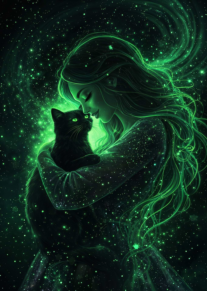 Woman Hugging a Black Cat in a Starry Nebula