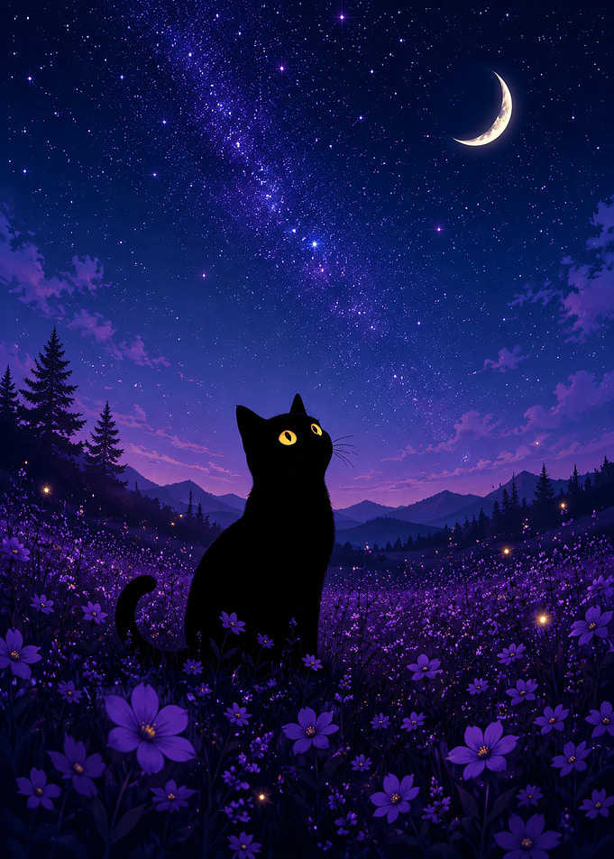 Black Cat Under Starry Night Sky