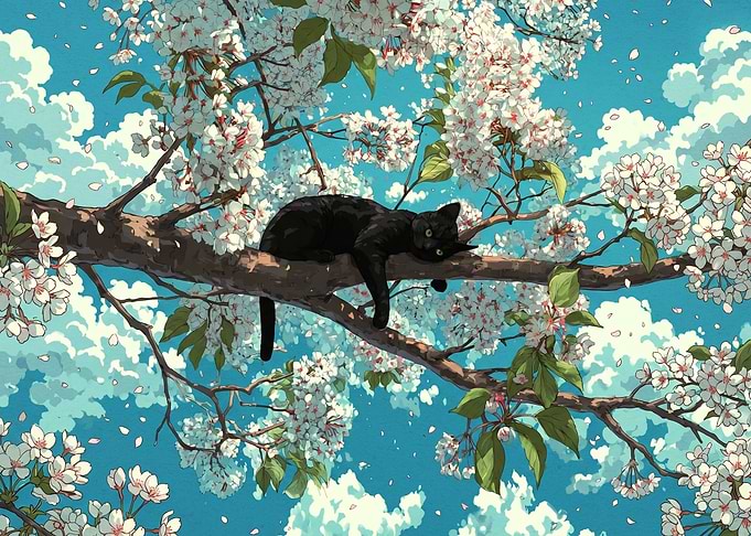 Black cat on cherry blossom tree