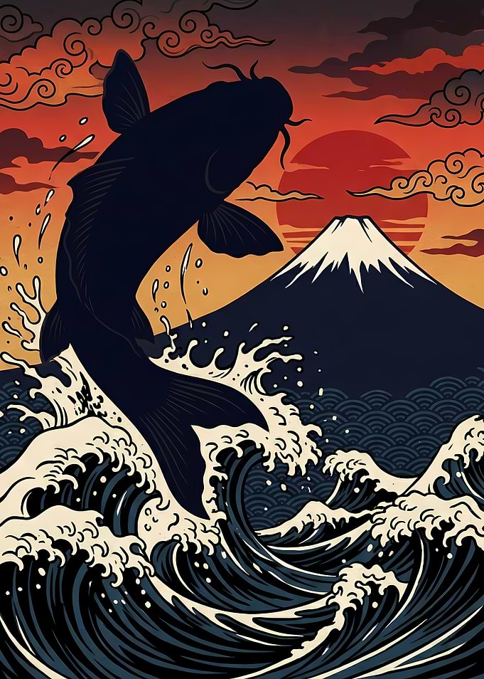 Koi Fish Jumping Over Waves with Mount Fuji