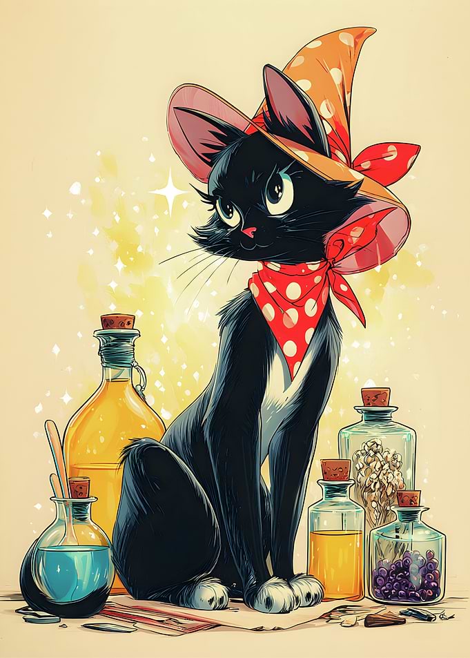 Witchy Black Cat with Potions