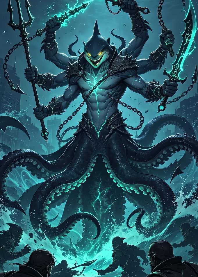 Shark God with Tentacles and Swords
