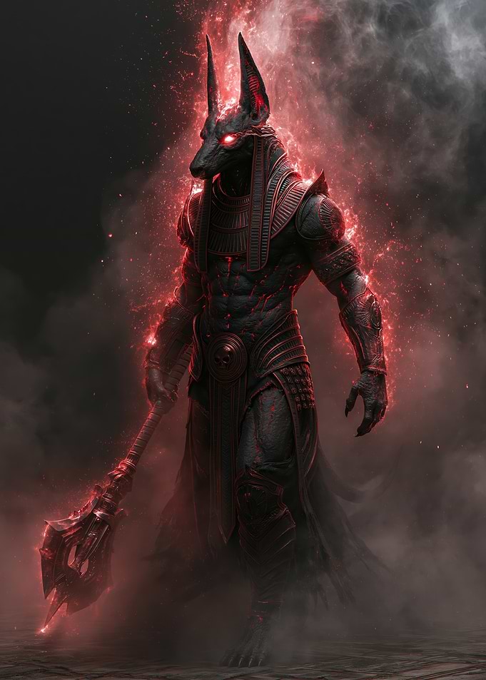 Anubis with Glowing Red Eyes and Staff