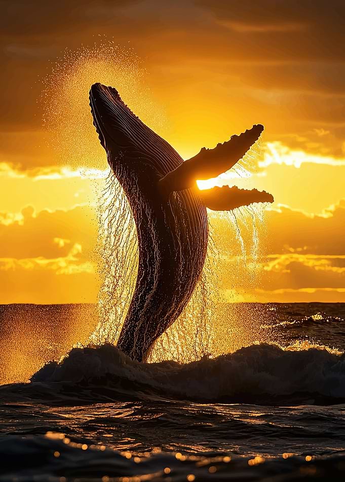 Humpback whale breaching at sunset