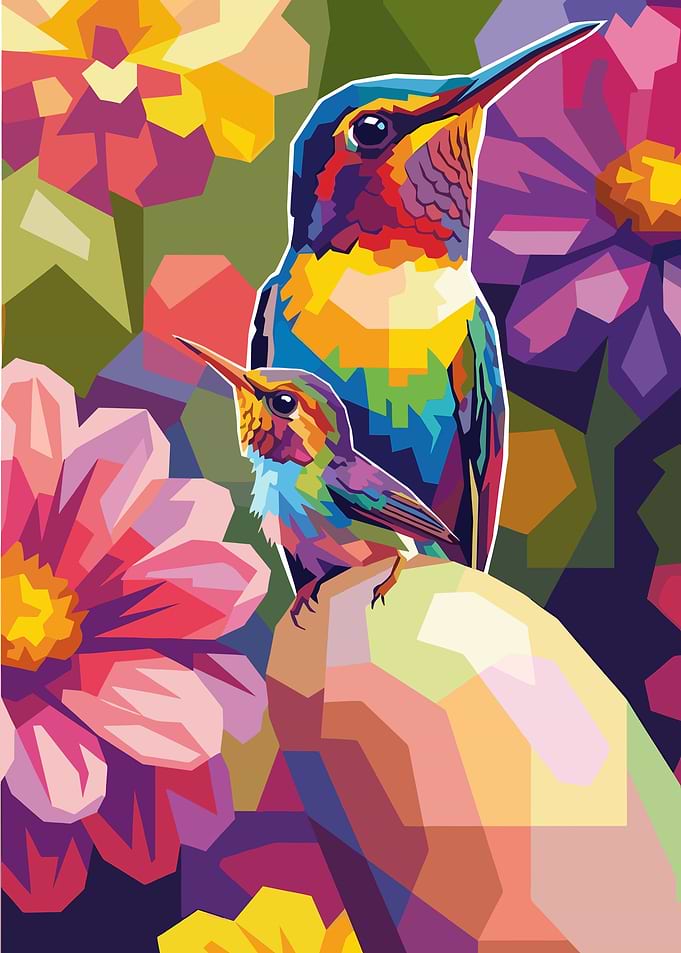 Two Hummingbirds and Flowers