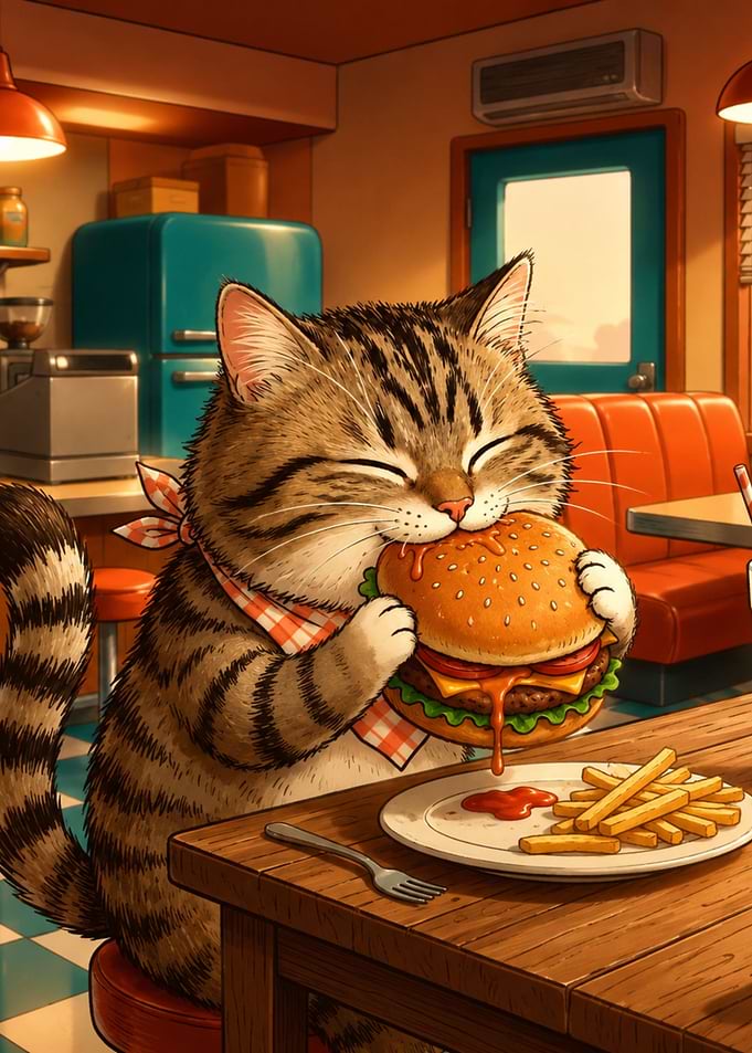 Cat Eating a Burger