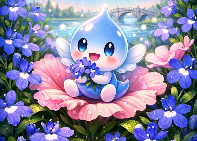 Cute Water Droplet Character in Flowers