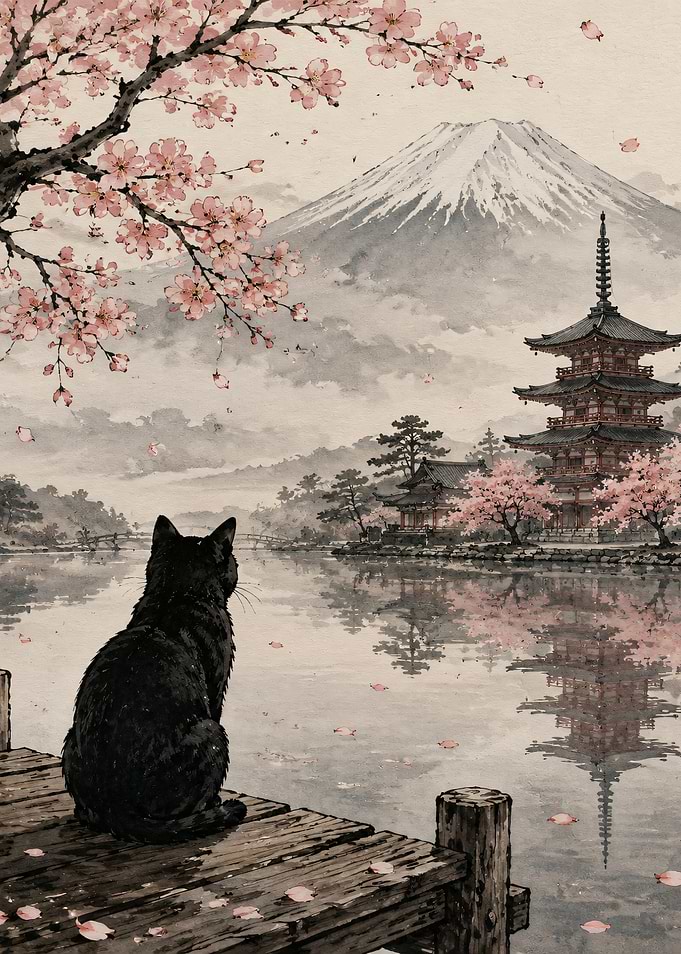 Black Cat Gazing at Mount Fuji and Pagoda
