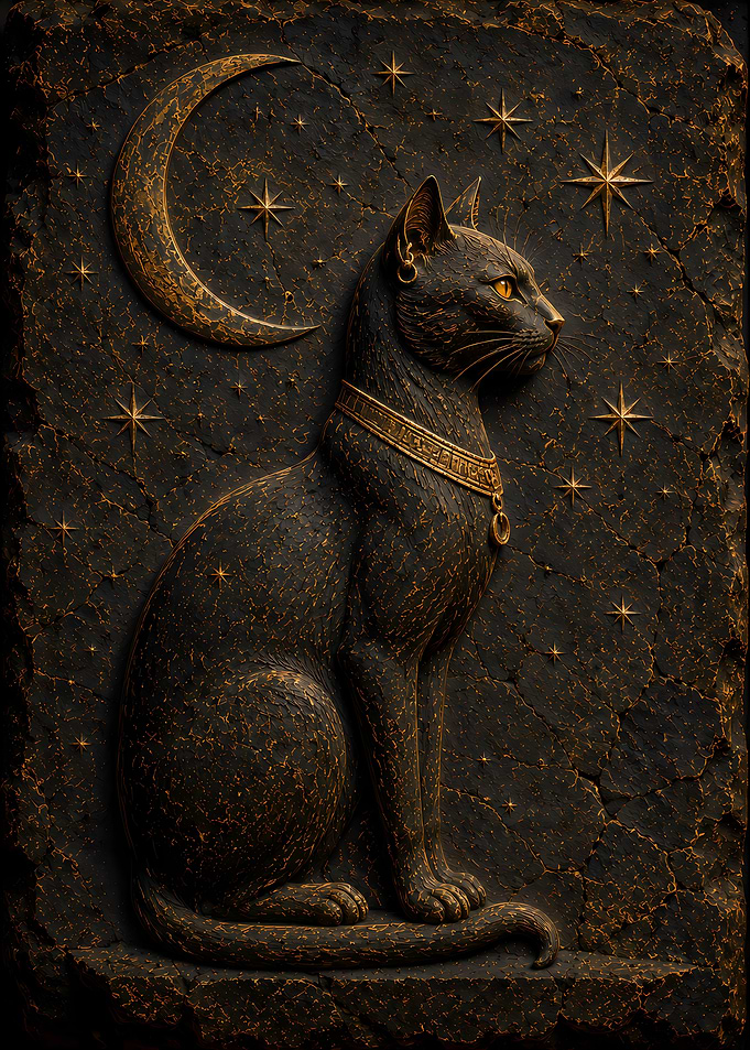 Egyptian Cat Goddess Bastet with Moon and Stars