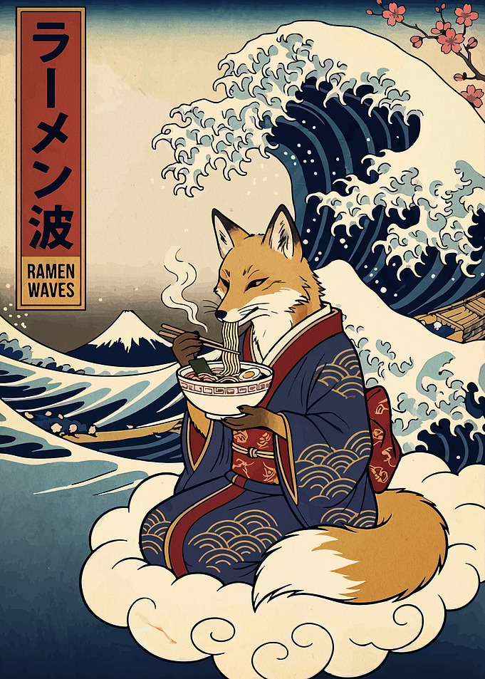 Fox Eating Ramen in Front of Great Wave