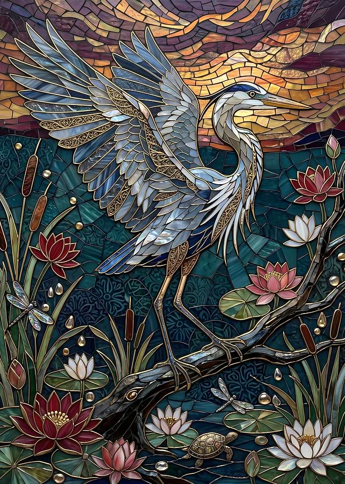 Heron and Water Lilies Mosaic