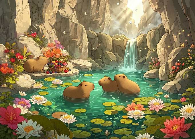 Capybaras in a serene pond