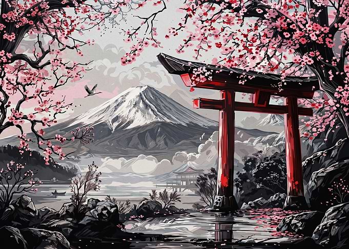 Mount Fuji with Cherry Blossoms and Torii Gate