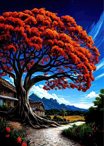 Vibrant Tree Overlooking Rural Landscape