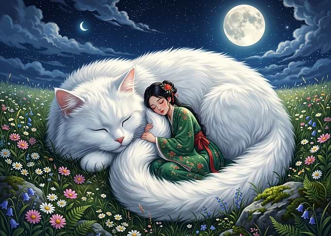 Girl Sleeping on a Giant Cat Under the Moon