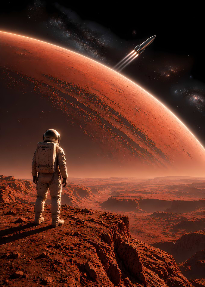 Astronaut on Mars looking at planet and spaceship