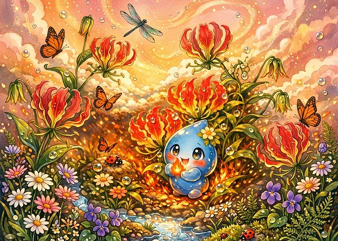 Cute Water Drop Character in a Magical Garden