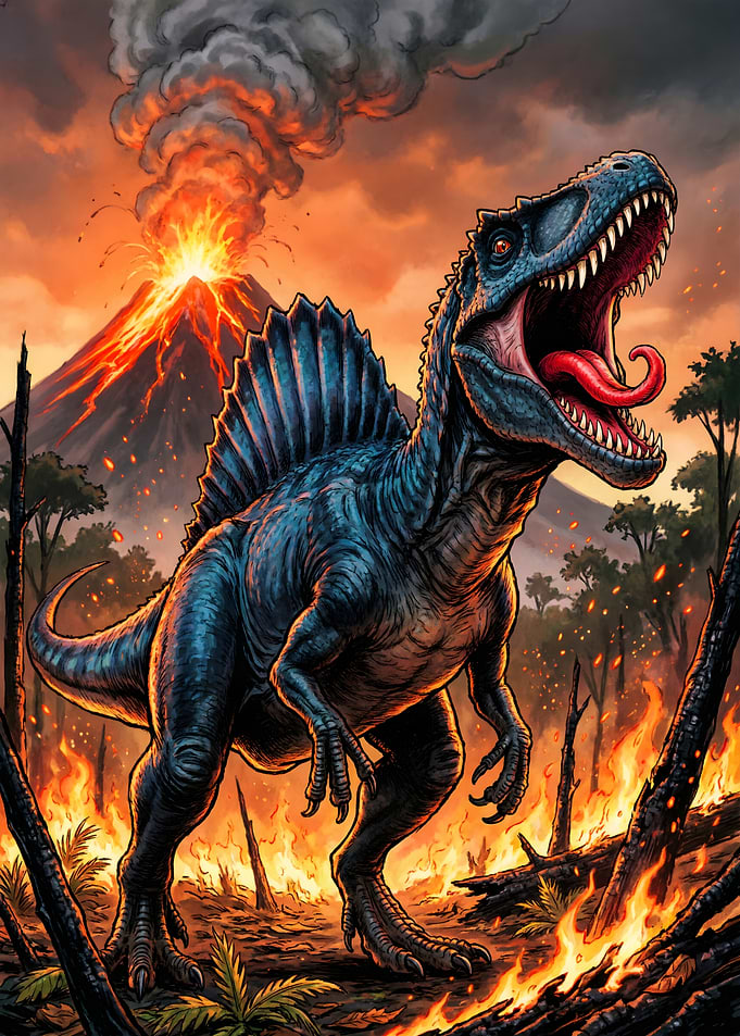 Dinosaur in a Volcanic Eruption