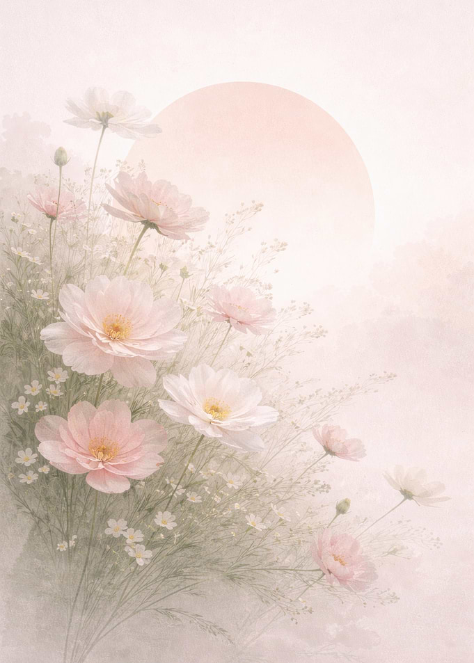 Soft Pink Floral Arrangement with Sun – Botanical Dreamscape