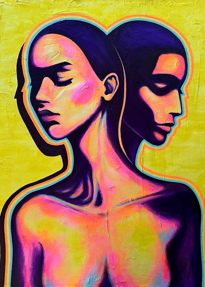 Two Faces in Neon Glow