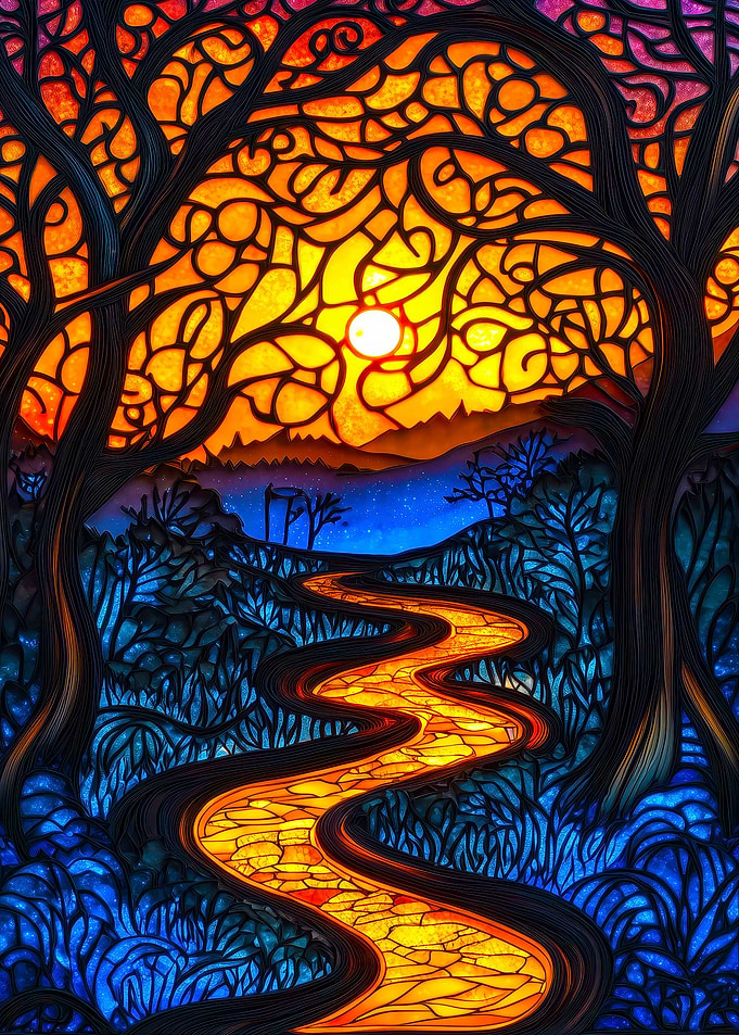 Forest Path at Sunset Stained Glass