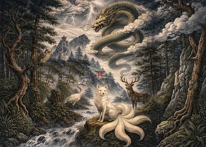 Mythical Japanese Forest Scene