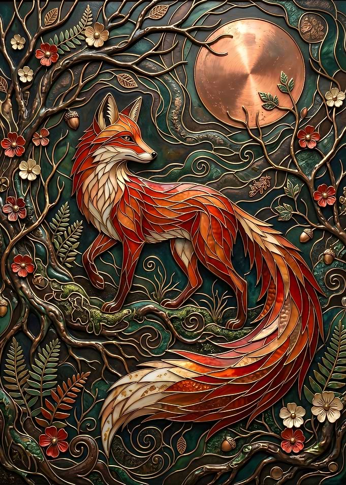 Fox in Enchanted Forest Stained Glass