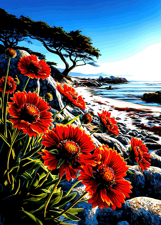 Red Flowers on a Rocky Beach